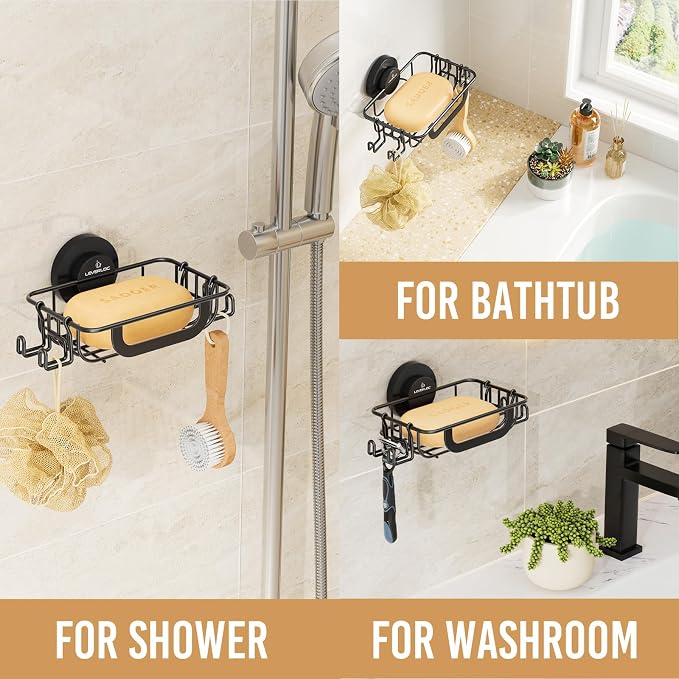 Bar Soap Holder with Hooks, Suction Cup Soap Dish Stainless Steel | Soap Holder Shower Wall Mounted, Soap and Razor Holder for Shower, Rustproof for Bathroom, Sponge Holder Saver, Black