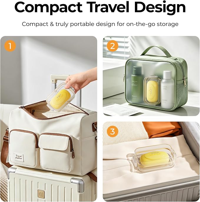 MOPMS Travel Soap Case, Leakproof with Clasps & Silicone Seal for Traveling | Soap Holder Travel Case with Drain Tray for Gym, Bathroom, Portable Travel Soap Container Fits Most Soaps, Durable PC, Clear