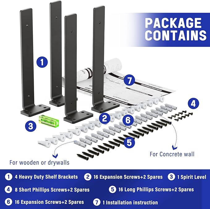 Goovilla Shelf Bracket, Floating Shelf Brackets 12 inch Long, 4 Pack, Black | Heavy Duty Brackets for Shelves, Black Coated Metal Wall Shelf Support Brackets with 1/5 Inch Thick and 160 lb. Load Capacity