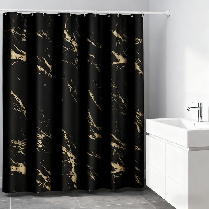 Black and Gold Shower Curtain, Black Marble Shower Curtain, Modern Fabric Shower Curtains for Bathroom, Black and Gold Texture Shower Curtain Set with Hooks 72x72