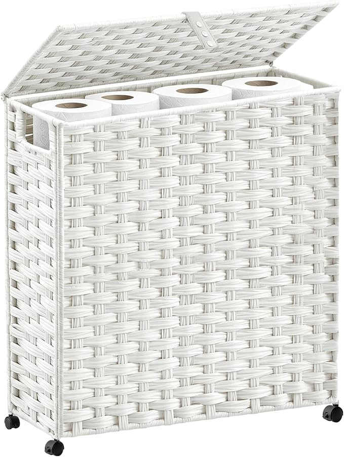 Hiagnete Toilet Paper Storage Basket with Lid and Wheels, Rattan Toilet Paper Holder Storage, Toilet Paper Organizer for Bathroom, Bedroom, Kitchen, 19.7”L x 7.9”W x 24.62”H, White