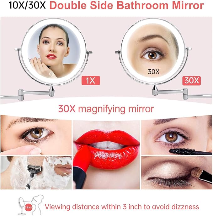 FUNTOUCH 5000mAh Rechargeable Wall Mounted Lighted Makeup Mirror 1X30X | Double Sided 1X 30X Magnifying, 3 Color Lighting, Touch Screen Dimming, Extended Arm 360 Rotation Shaving Bathroom Mirror