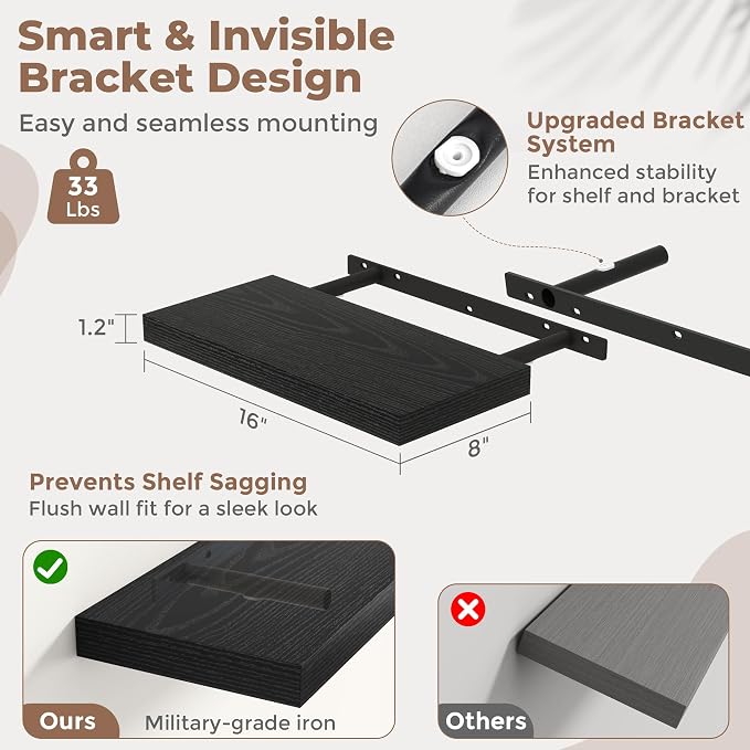 16 Inch Floating Shelves for Wall 2 Pack, 8"D Wood Grain Bathroom Shelves | Invisible Brackets, Black Finish, Easy Install | Engineered Wood Storage Shelves for Kitchen, Study, Bedroom