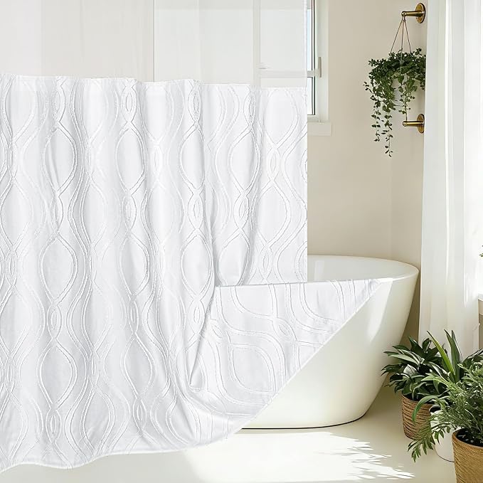 Yinhua No Hook Shower Curtain with Snap in Liner Set, 71" W×86" L, White | Hotel Style, See Through Top Window, Washable Waterproof, Tufted, Extra Long Hookless Curtain for Bathroom Bathtub