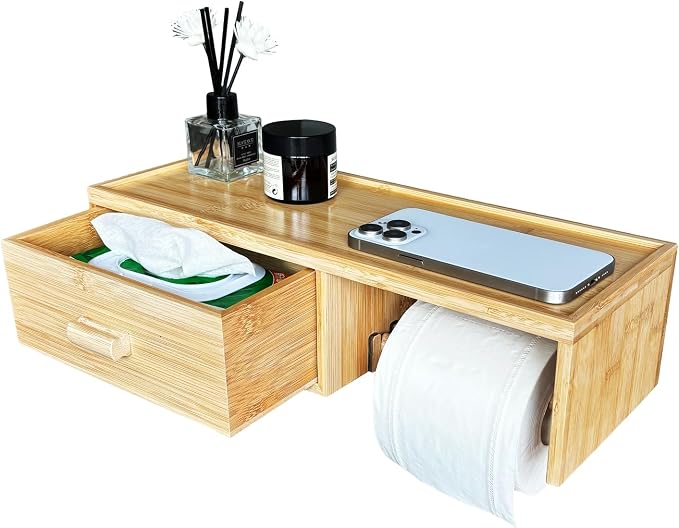 Bamboo Toilet Paper Holder with Shelf,Wall Mount Bathroom Holder with Wet Wipes Storage Drawer(Natural)