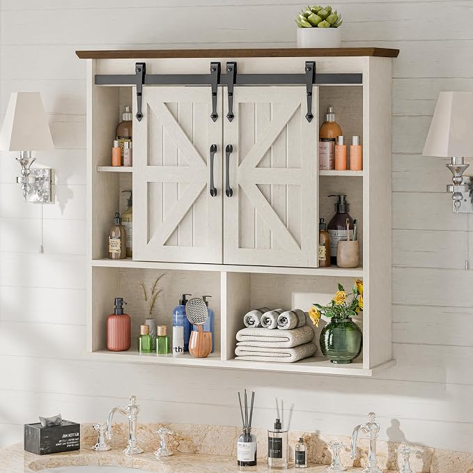 Vabches Bathroom Wall Cabinet, Farmhouse Medicine Cabinet, Rustic White | Wooden Vintage Storage Cabinet Wall Mounted with Double Sliding Barn Door and Adjustable Shelf for Bathroom, Kitchen