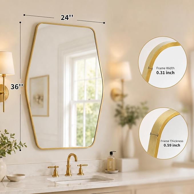 Brushed Gold Tapered Rectangle Bathroom Mirror, 24x36 Inch | Aluminum alloy frame, tempered glass, two-way keyhole mount, for dressing room and entryway