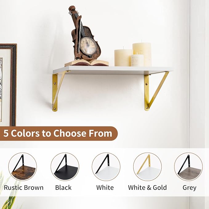 Deep Floating Shelves for Wall, 12 Inch Deep White and Gold Shelves Set of 2, 16W x 12D White Wood Wall Shelves with Golden Brackets for Bedroom Bathroom Living Room Kitchen - White & Gold