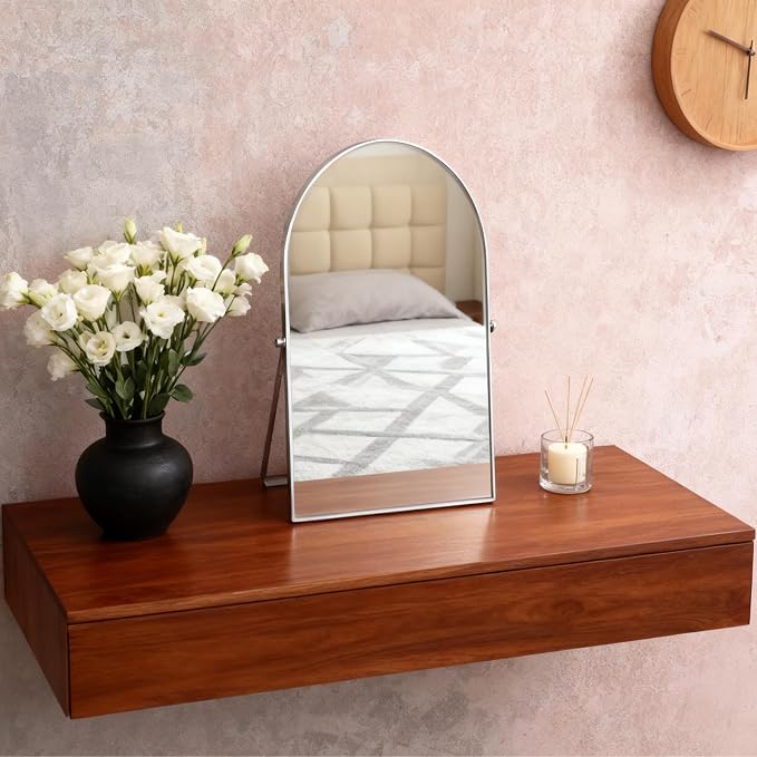 Silver Metal Mirror Vanity Table Desk Arch Makeup Mirror 90°Adjustable Rotation Framed Standing Mirrors Room Decor for Living Room,Bedroom,Tabletop,Bathroom