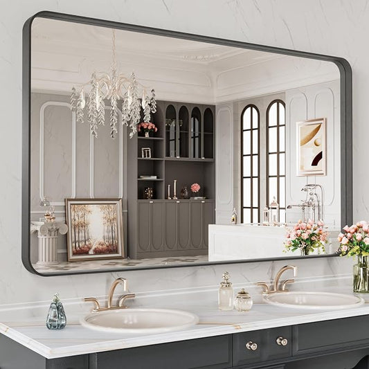 LOAAO 48X28 Inch Black Metal Framed Bathroom Mirror for Wall | Matte Black Bathroom Vanity Mirror, Anti-Rust, Tempered Glass, Hangs Horizontally or Vertically