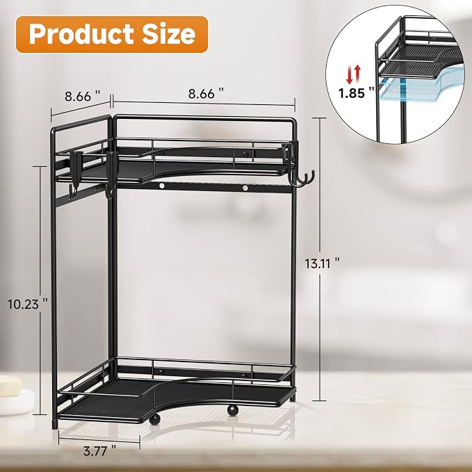 VITVITI 2-Tier Corner Bathroom Counter Organizer, Bathroom Countertop Organizer Storage for Sink, Metal Mesh Makeup Organizer for Vanity Countertop Kitchen with Hooks, Black