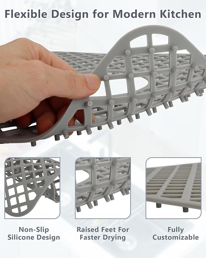 2 Pack Silicone Sink Protectors for Kitchen Sink, Trellis 13x11 Gray | Heat-resistant Non-Slip and Durable Silicone Grid Mat, 13-9/16" x 11-5/8" Rear Drain