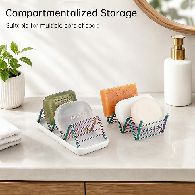 Stainless Steel Soap Dish Draining Soap Holder with Ceramic Tray, Colorful | Reversible Design Fits 2-3 Bars, Rustproof, Easy to Clean, Space Saving, Non Slip, for Bathroom, Shower, Kitchen