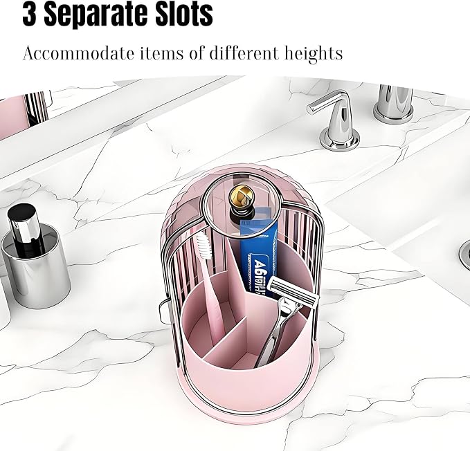 JEESA Dustproof Toothbrush Holder with Cover, Pink | 360° Rotating, 180° Sliding Lid, 3 Slots, Toothbrush Organizer, for Bathroom Countertop