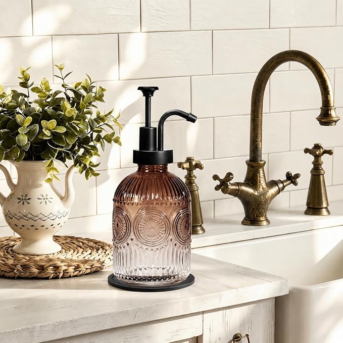 SheeChung 12oz Vintage Glass Soap Dispenser with Black Pump, Brown, 2 Pack | Refillable Dish and Hand Soap Dispenser for Bathroom Kitchen, Rustic Liquid Lotion Bottle,BPA-Free,Funnel,Mat,Farmhouse Decor