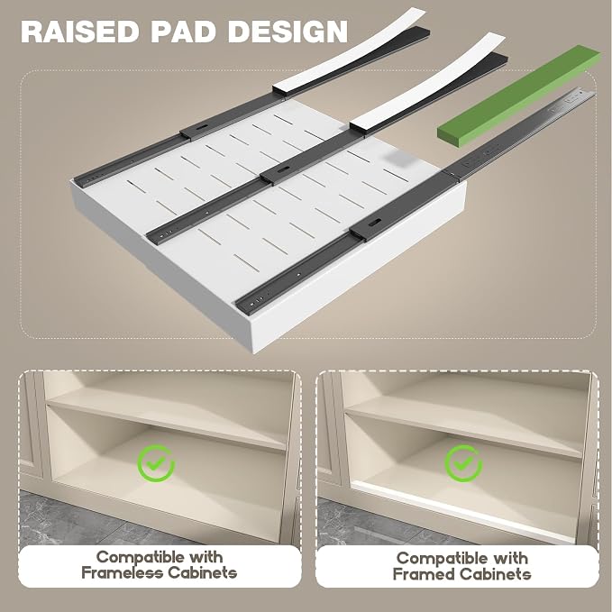 Seinloes 2 Pack Pull Out Cabinet Organizer 22" Deep,Full Extension 3 Slide Rails Slide Out Drawers With Raising Pad for Framed Cabinets,Expandable Width (12.3"-20.5"),No Drill Roll Out shelf,White