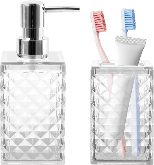 2 Piece Bathroom Accessory Set, Clear Soap Dispenser and Toothbrush Holder | Clear Bathroom Accessories Sets, Modern Bathroom Decor, Plastic Bathroom Sets