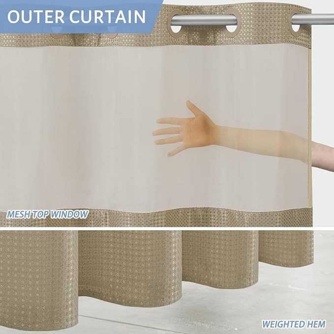 Furlinic Extra Long Waffle Weave No Hook Shower Curtain with Snap in Liner,Heavy Duty Textured Fabric Bathroom Curtains,Hotel Style with Mesh Top Window,Waterproof & Machine Washable,Beige,71x96