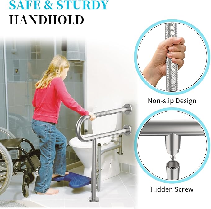 24 Inch Toilet Support Rail, Munzong Brushed Nickel Handicap Grab Bar | Anti-Slip Stainless Steel Knurled Safety handrails with Leg for Elderly Disabled Pregnant-1.25’Tube