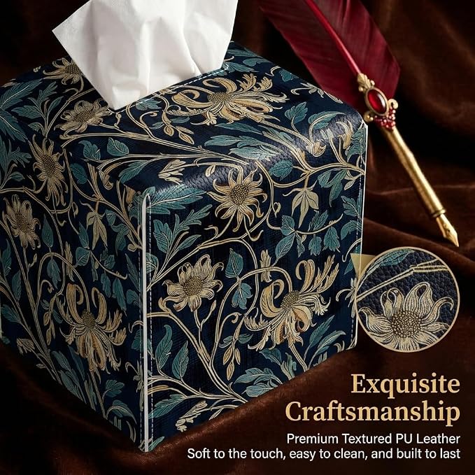 Tissue Box Cover Holder Square - Vintage Boho PU Leather Decorative Organizer, Ethnic Carpet Pattern Design Inspired, with Bottom Belt for Bathroom Car Office Tabletop Home, 5x5 Inch (Golden Flowers)
