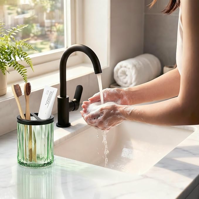 8oz Toothbrush Holders for Bathrooms, Green Striped Toothbrush Cup, Green | Bathroom Tumbler and Mouthwash Cup with Black Divider, Tooth Brush and Toothpaste Organizer for Countertop