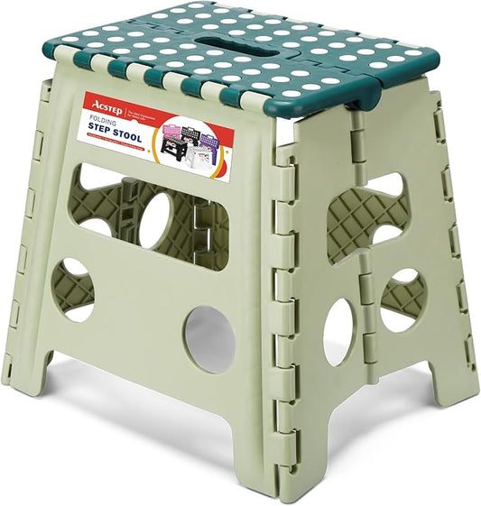 Foldable Step Stool for Adults 13 Inch, 300 lbs, Green | Lightweight Stepping Stool with Handle and Non-Slip Surface, for Reaching Kitchen Cabinets, Bathroom Shelves and Closets