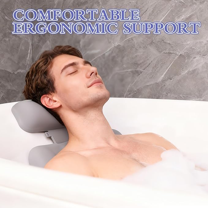 Silicone Bath Pillow, Upgraded Bath Pillows for Tub, Adjustable Height Bathtub Pillow for Head and Neck, 4D Luxury Tub Pillow Skin-Friendly Large Suction Cups Stability, Spa Relaxation-Grey