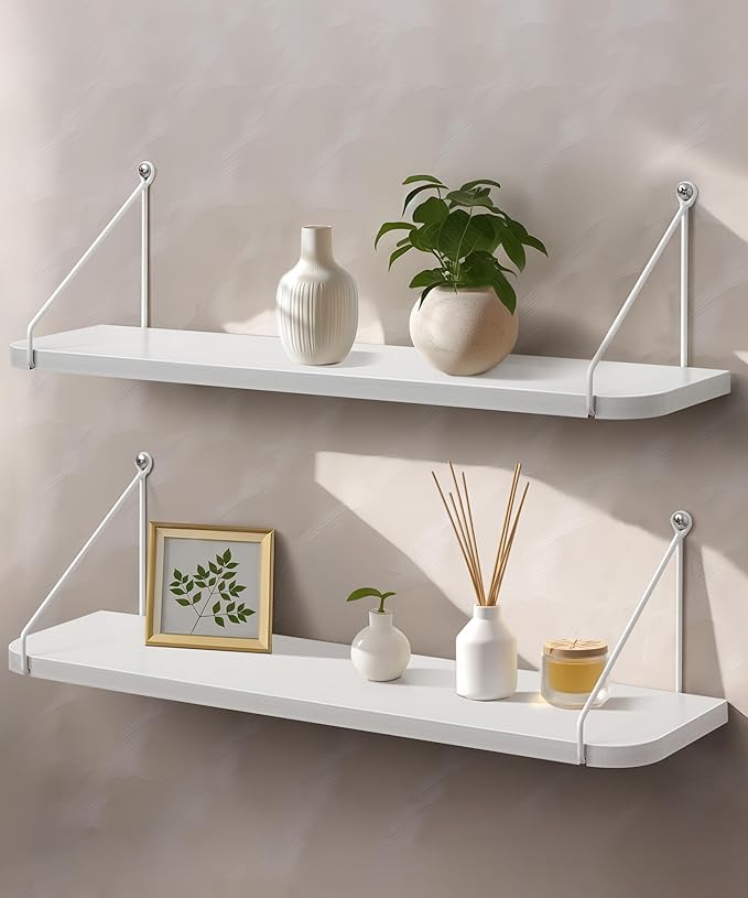 Afuly White Floating Shelves for Wall, 24in Shelf with Brackets, Set of 2 | Long Hanging Bookshelf, Plants Photos Display, Organizer Modern, for Bathroom, Kitchen, Living Room, Bedroom, Home Decor