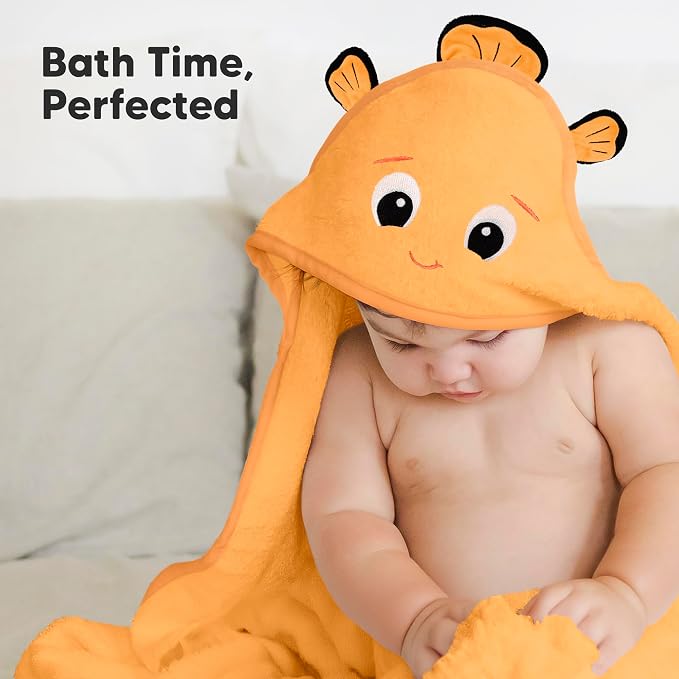 KeaBabies Hooded Baby Towel for Newborn, Baby Bath Towels(Clownfish, 35x35) | Viscose Derived from Bamboo, Large Baby Towels with Hood, Boys, Girls, Toddler, Soft Absorbent Baby Bath Essentials