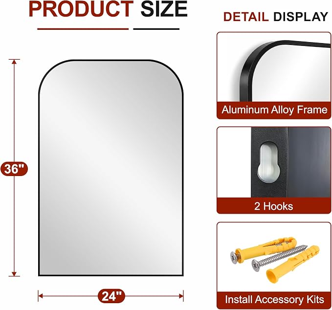 Bathroom Black Vanity Mirror for Over Sink, 36" x 24" | Metal Framed Rounded Corner, Shatterproof Glass, for Bedroom, Living room, Entryway