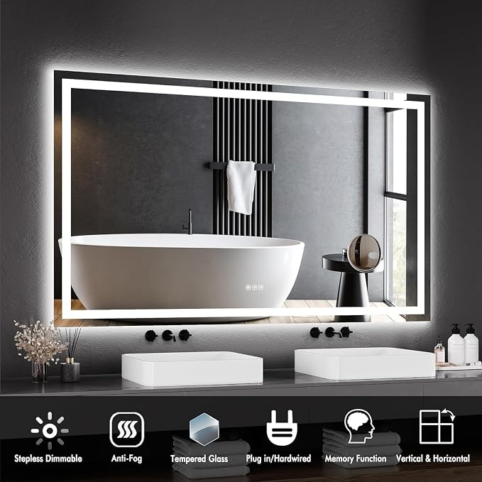 60 x 36 Inch Smart LED Bathroom Mirror，Dimmable Front + Backlit Illumination with Anti-Fog & Memory Function，Shatter-Resistant Design for Horizontal or Vertical Mounting