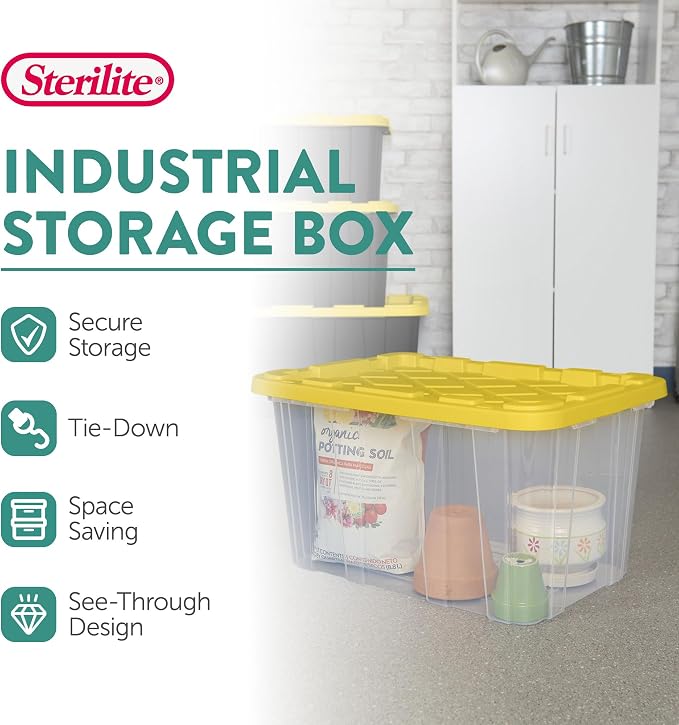Sterilite Industrial Storage Tote with Lids for Garage, 27 Gallon, 16-Pack | Heavy-Duty and Stackable Utility Box Containers for Home, Office, and Basement Organization, Yellow