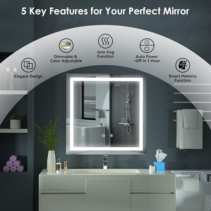 LED Lighted Bathroom Mirror Square Vanity Mirror with Light 28"x28" | Stepless Dimmable, 3 Colors (3000K-6000K), Anti-Fog, Wall Mounted, 1 Hour Auto Off, Memory Function, Reinforced Packaging