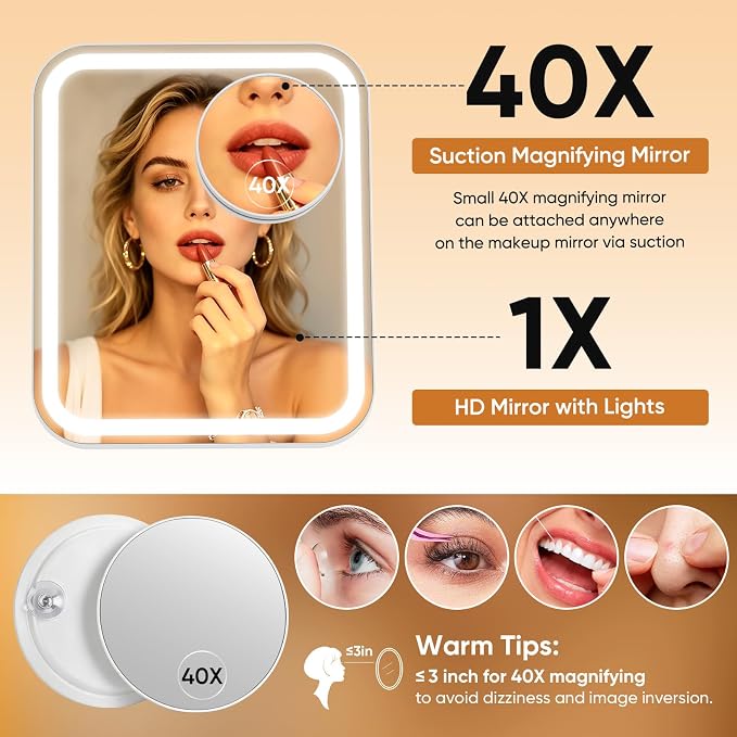 FUNTOUCH 5000mAh Large Lighted Vanity Makeup Mirror with 40X Magnifier | 96 LED Lights Rechargeable 12.1"x 10.2"Large Size,3 Lighting Modes,Adjust Brightness & 360°Rotation,Women's Gift,for Bedroom