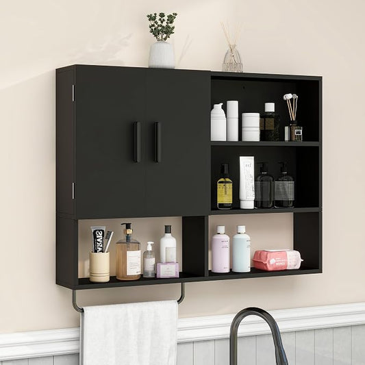 Bathroom Wall Cabinet, Medicine Cabinet, with Towel Bar & 2 Doors, Black