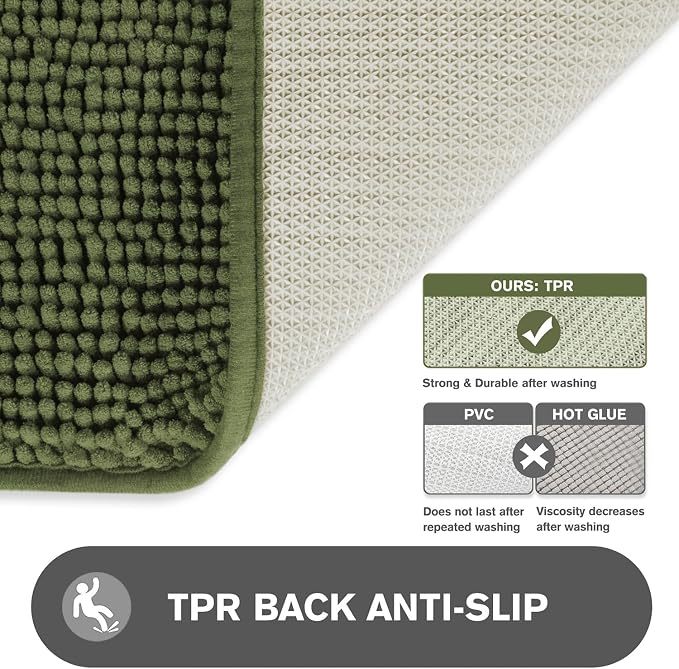 Sage Bathroom Rugs – Absorbent and Washable Bath Mat, Non-Slip, Thick Soft Chenille Bath Rugs for Bathroom Floor, Shower, Sink - 24" x 36"