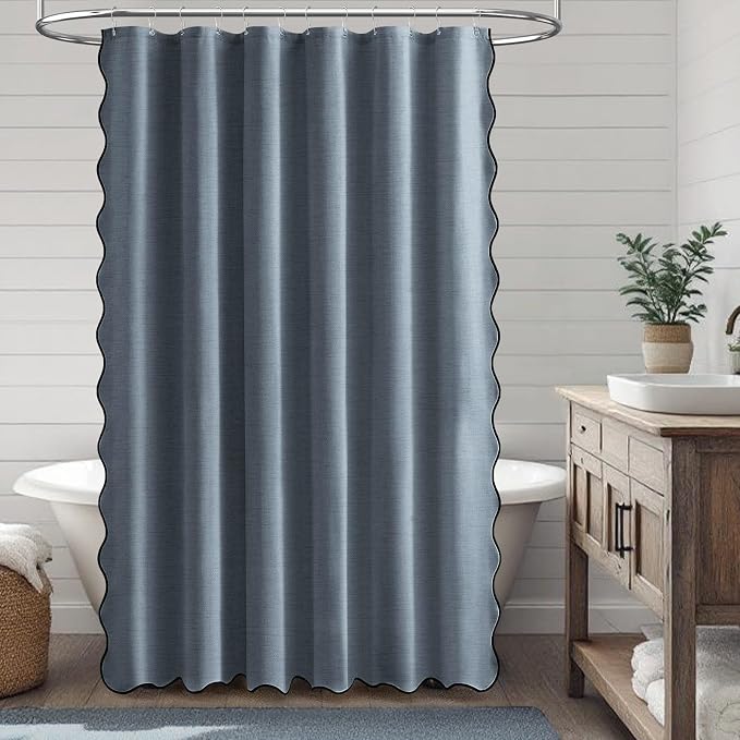 Blue Grey Boho Scalloped Linen Textured Cloth Shower Curtain, 72x72 | 230GSM Waterproof Polyester, Heavy Duty Fabric, 12 Plastic Hooks, Modern Farmhouse Style, Machine Washable, Bathroom Decor