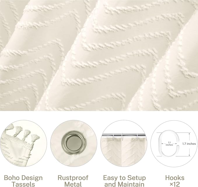 Siiluminisoy Extra Long Cream Shower Curtain with Tassel, Woven Fabric 90 in, Tufted Chevron Striped, 72 x 90, Modern Chic Textured Minimalist Bathroom