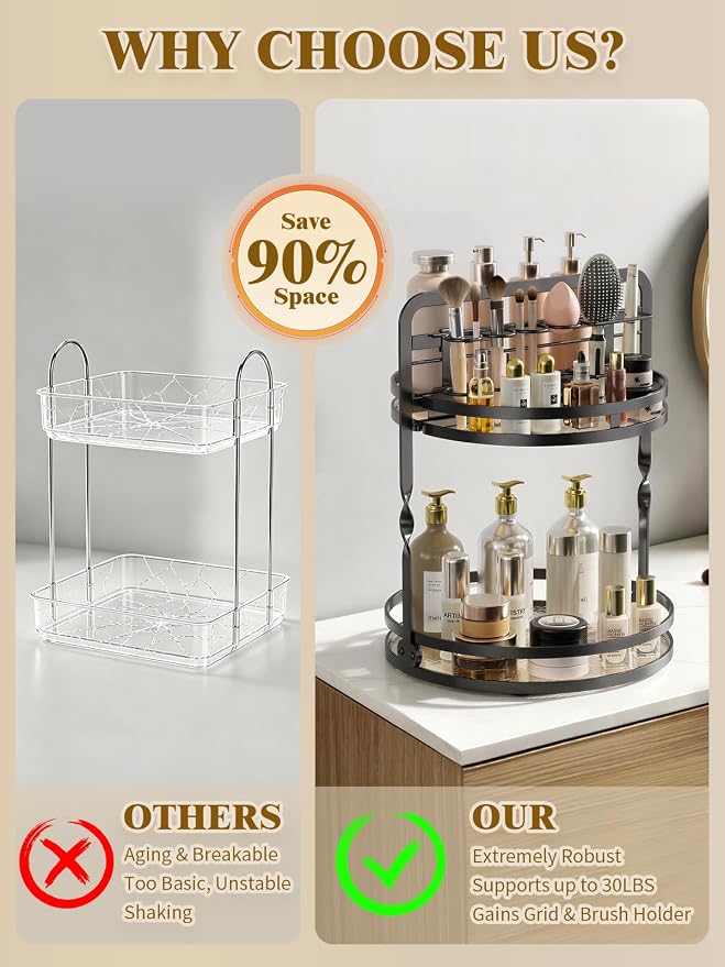 Rotating Makeup Vanity Organizer, 360 Spinning Perfume Organizer | 2-Tier Black Bathroom Countertop Organizer, Lazy Susan Counter Shelf Skincare Storage, Perfume Stand with Makeup Brush Holder