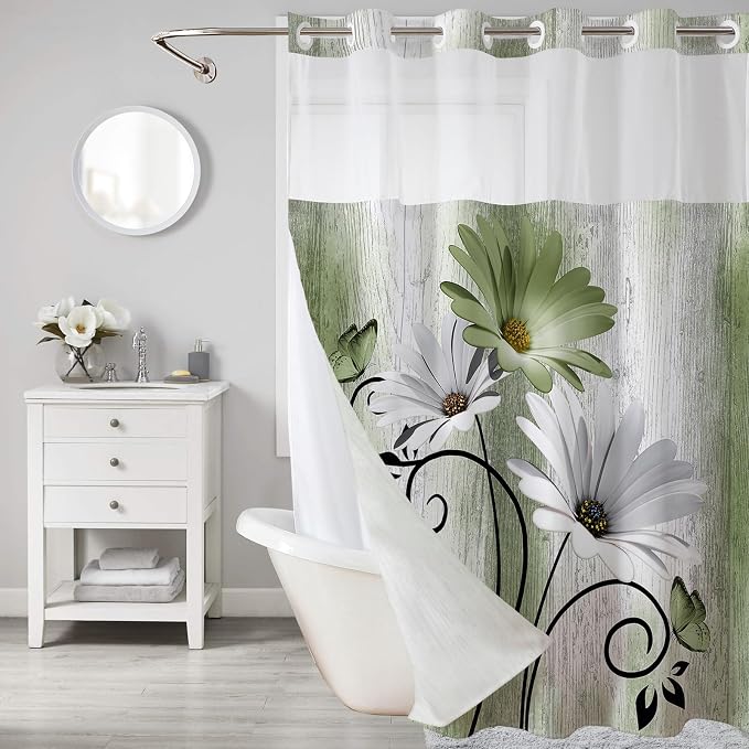 Hookless Shower Curtain with Snap in Liner, Green No Hook Shower Curtains for Bathroom，Shower Curtain and Liner Set for Bathroom Decor,Waterproof & Washable,72W x 81L Inch