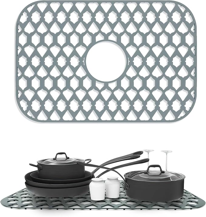 Silicone Sink Protector for Multi-Size Kitchen Sink(19"x13", Center Drain) | Flexible and durable, heat-resistant, machine washable, non-slip, gray grid.