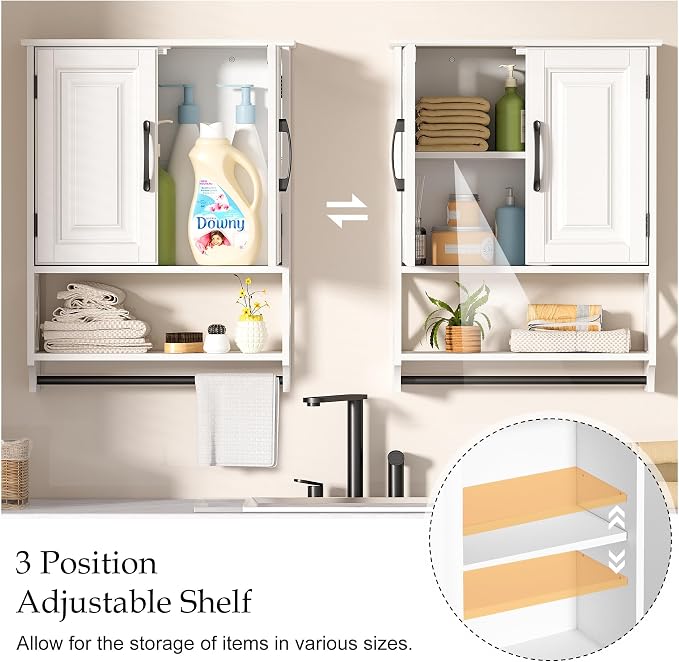20" x 25" Bathroom Wall Cabinet with Towel Bar, White Painted Wall Mounted Storage Cabinet with Adjustable Shelf, Over The Toilet Medicine Cabinet, Wood Wall Cabinet for Bathroom Laundry Room