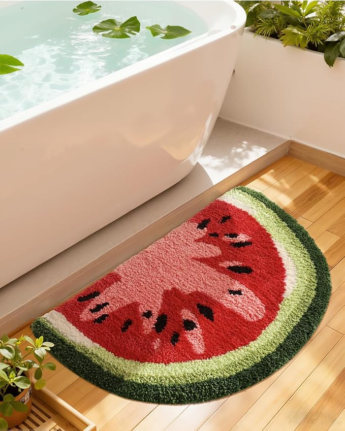 DEXI Cute Watermelon Bath Mat, Half Round Fruit Bathroom Rugs 36x20 | Soft and Absorbent Microfiber, Non Slip, Machine Washable Bathmat for Shower Floor, Bedroom, Kids Room, Home Decor