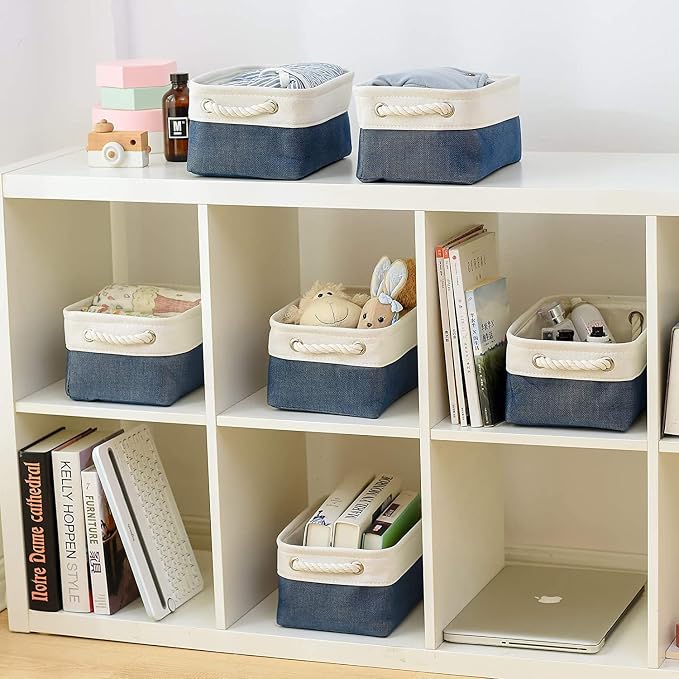 Storage Basket for Organizing - Small 12x8x5.2 inch 6 Pack Collapsible Storage Bin for Shelves, Canves Storage Cubes for Organizer Cloth Box Gift Toys Closet (White & Jean Blue)