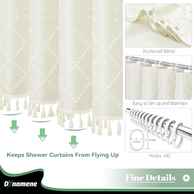 Stall Boho Farmhouse Shower Curtain Tufted Geometric 54"x78" Cream | 54 x 78 inch Long, Elegant Tassel, Lightweight Textured Fabric, Water Repellent, Washable, for Narrow Bathroom/Dorm 10 Hooks