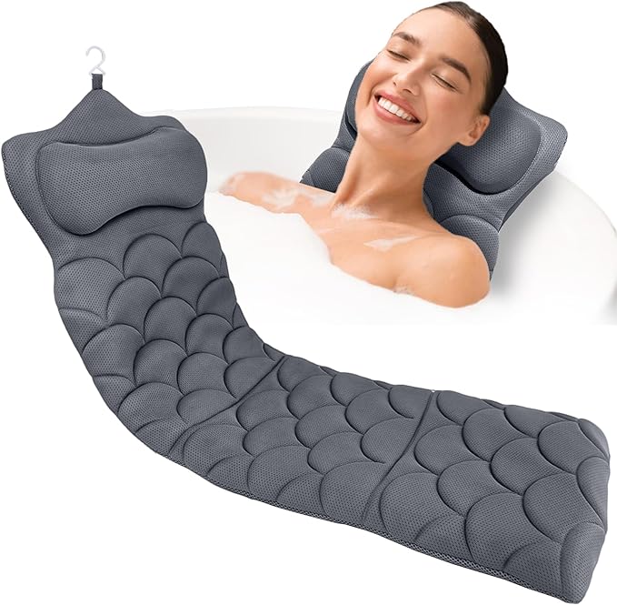 REEZEIVI Full Body Bath Pillow,3D Mesh Fabric,Head Neck Back Support,Gray | Thick Bathtub Cushion,with Laundry Bag,easy to clean and quick to air dry,13 Non-Slip Suction Cups