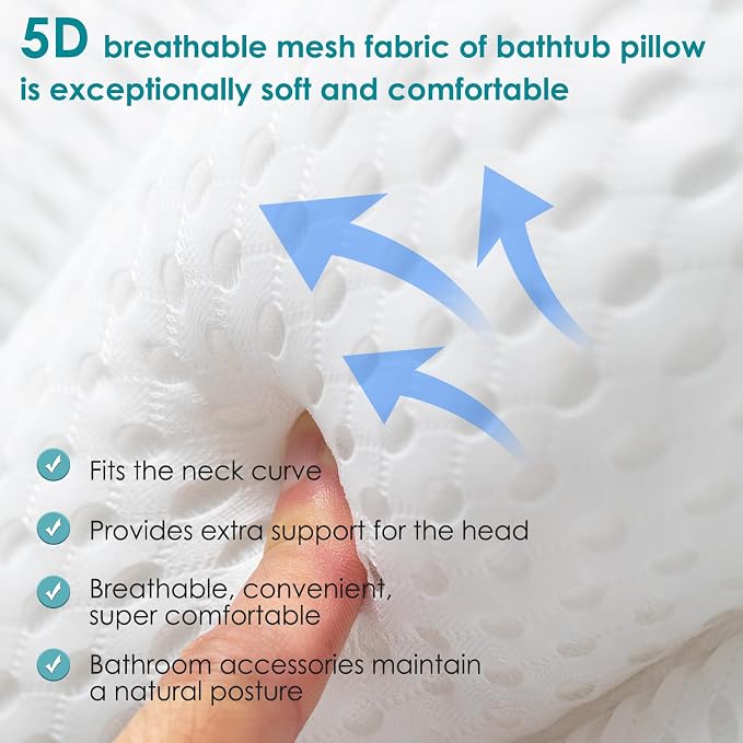 Bath Pillow Bathtub Pillow Luxury Bath Pillows for Tub Neck and Back Suppor | Neck and Back Support Headrest with Soft 5D Mesh Fabric and Non-Slip Suction Cups,Relaxing Bath Accessories Spa Gifts