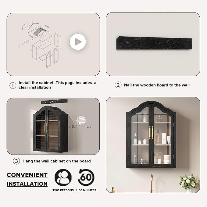 FIMELLO 47.2’’W Wave Design Arched Wall Cabinet, Bathroom Cabinet with Glass Doors Adjustable Shelf, Above Toilet Cabinet, Kitchen Wall Cabinet, Wall Bookshelf, Black Grain