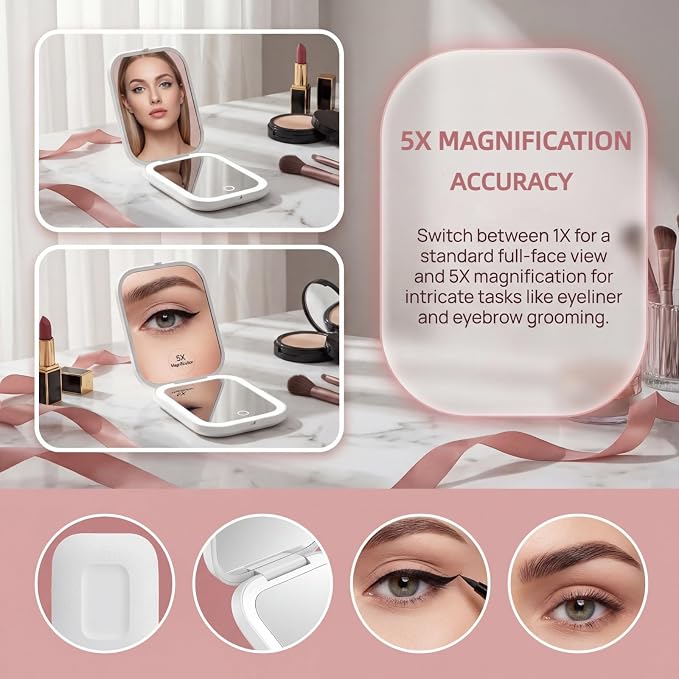 5X Magnifying Mirror, Compact Mirror for Makeup with 3 Lighting Modes and Adjustable Brightness, Portable Makeup Mirror Type-C Rechargeable, Pocket Mirror Fits in A Handbag, Gift for Girls