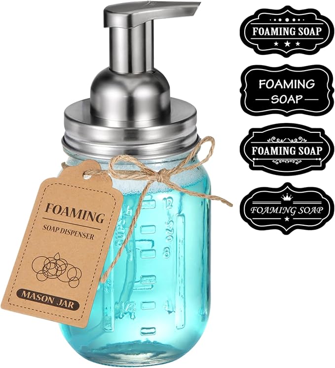 Amolliar Mason Jar Foaming Soap Dispenser, Foam Dispenser, Brushed Nickel | Rustproof Stainless Steel Lid Plastic Soap Pump, Rustic Farmhouse Decor, 16OZ Refill Hand Soap Dispenser for Bathroom Kitchen